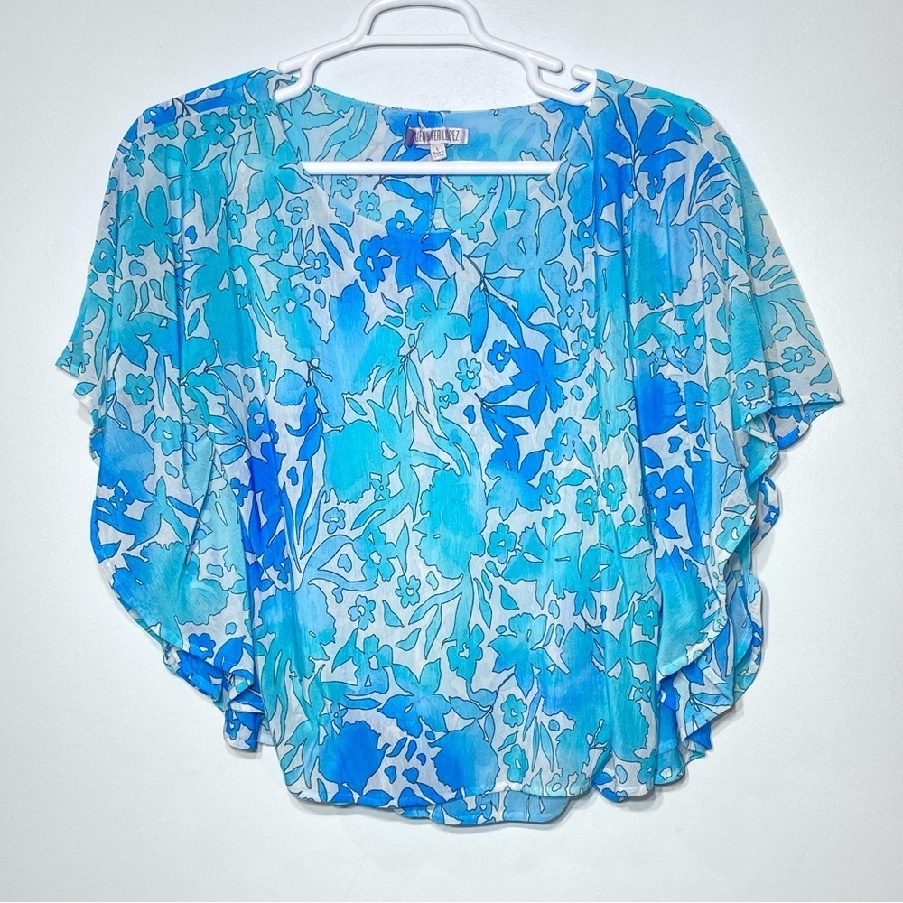 Jennifer Lopez Floral Kimono Blouse Women's L Blue Aqua Semi Sheer Flowy Top